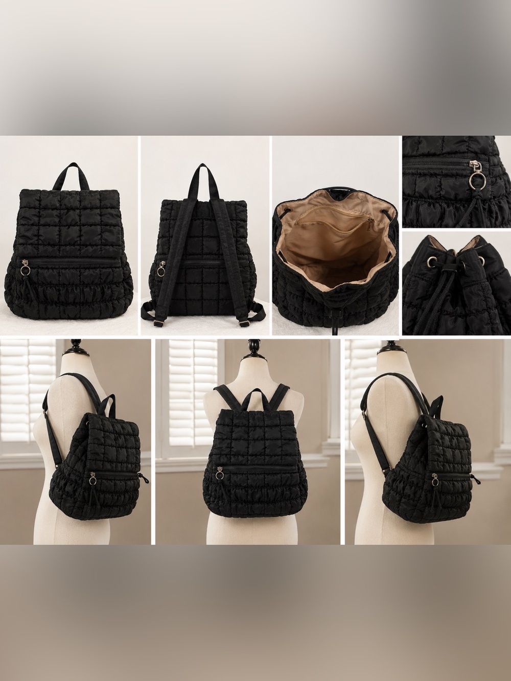 Quilted Drawstring Backpack - Black - Picture 3 of 7